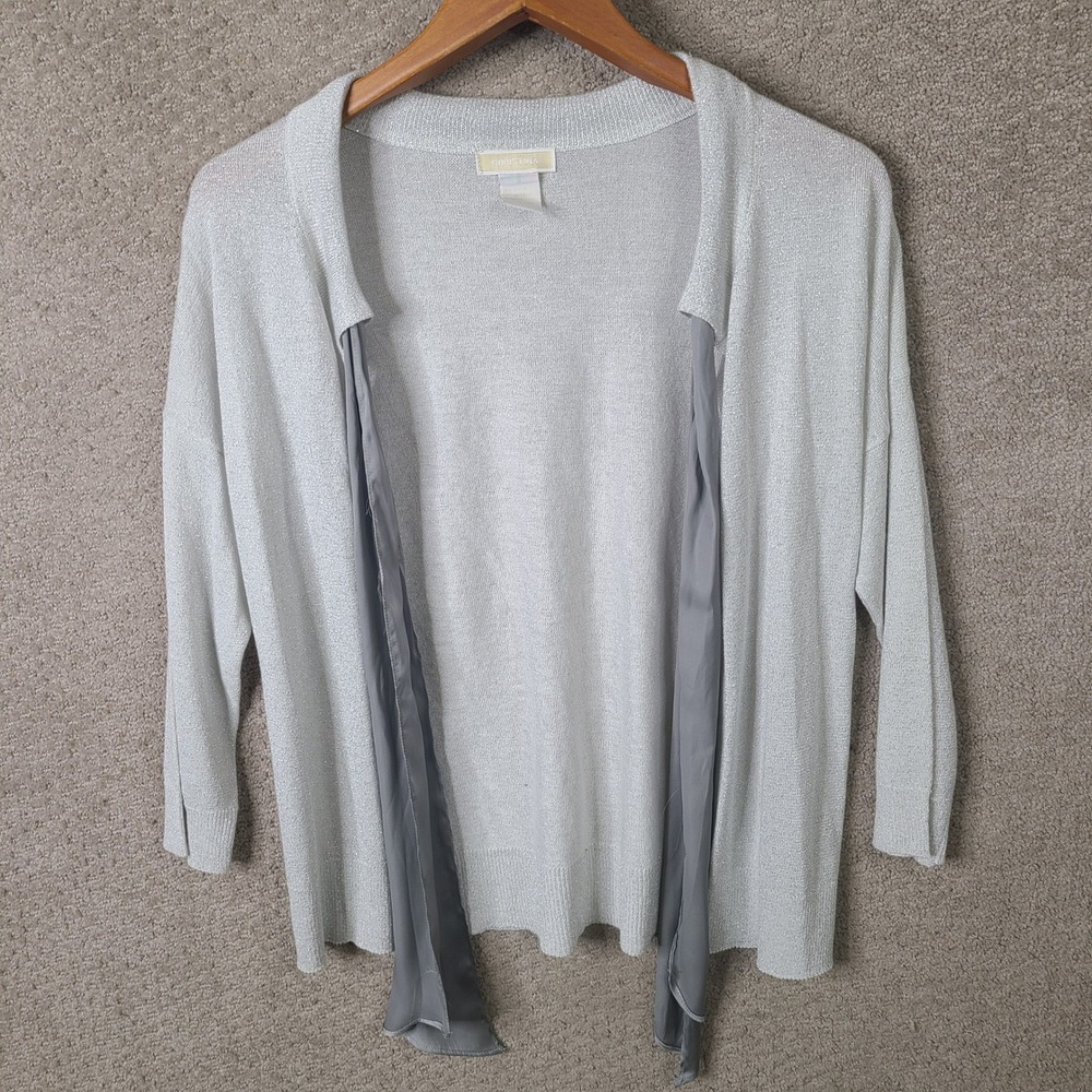 Christina Cardigan Womens Small Silver Open Front Rayon Metallic Casual Sweater